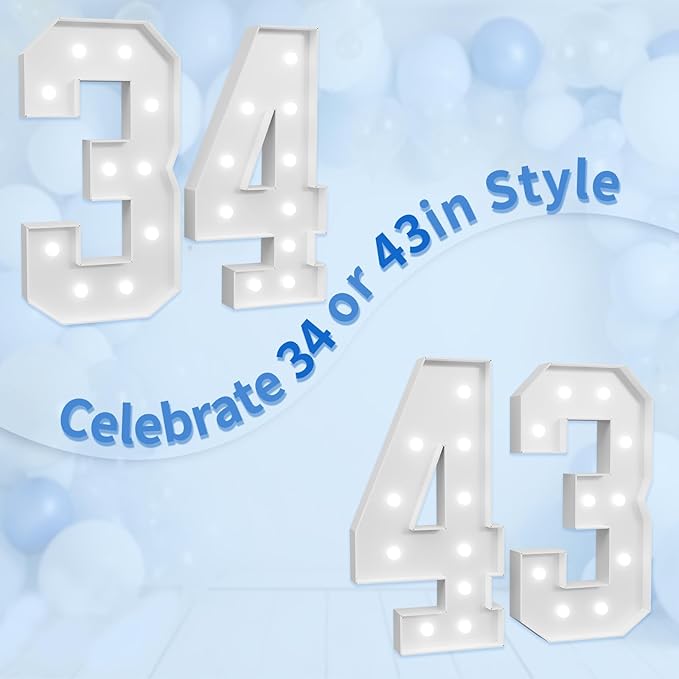 Marquee Numbers Large 43rd-Birthday Decorations: 4ft Light Up Number Party Decor 43 Year Old Women And Men 34th Birthday Decoration Backdrop 34 Anniversary Cardboard Big Mosaic Balloon Frame Number 43