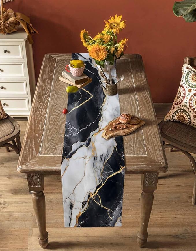 Black White Marble Cotton Linen Table Runner for Dining Kitchen, Wedding Outdoor Party Tablerunners Decoration, Nature Marble Crack Modern Art Dresser Scarf Coffee Tablecloth Runners 13x60 Inches
