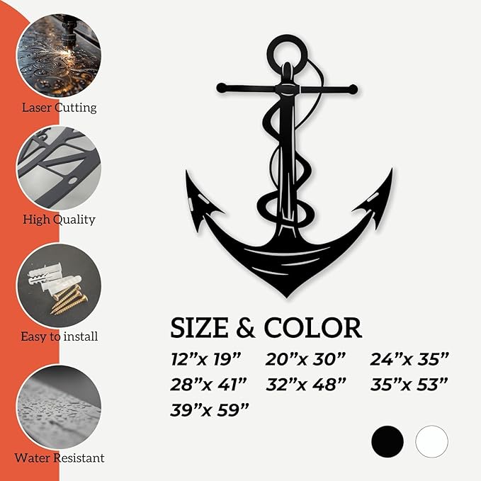 XXQ Anchor Metal Wall Decor, Anchor Metal Wall Art for Bedroom Living Room Dorm Antique Anchor Wall Decor Antique Metal Anchor Farmhouse Decor (Whhite, 35" x 53" / 90 x 135cm)
