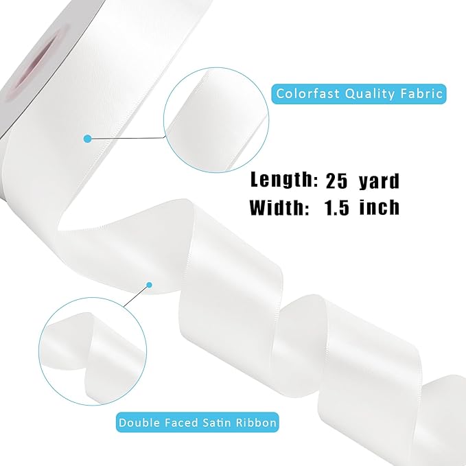 LaRibbons White Ribbon 1 1/2 Inch 25 Yards Double Faced White Silk Ribbon for Flower Bouquet Crafts Gift Wrapping Wedding Party Decoration