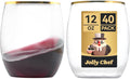 JOLLY CHEF 12 oz 40 Pack Gold Plastic Wine Glasses Stemless, Shatterproof, Unbreakable, Crystal, Disposable Plastic Wine Cups for Party, Halloween, Christmas