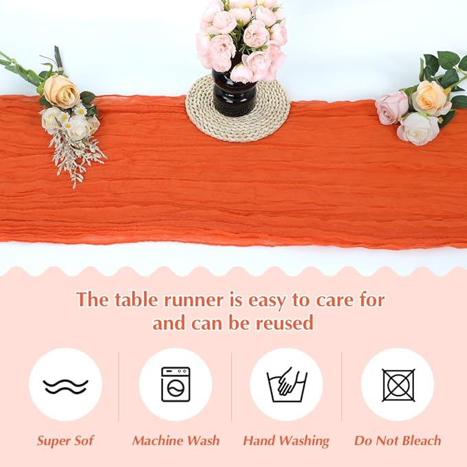 10 Pack Orange Cheesecloth Table Runner -21*120Inch Long Boho Wedding Table Decor, Rustic Gauze Fabric Runner for Bridal Showers, Baby Showers & Parties (Sheer, Lightweight, Wrinkled Design)