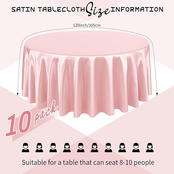 10 Packs Satin Tablecloth 120 Inch Rose Gold Round Table Cloth Silk Tablecloth Smooth Fabric Overlay Satin Table Cover Decoration for Wedding Party Banquet Events