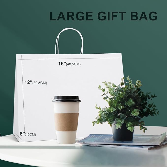 METRONIC Kraft Paper Gift Bags with Handles 16x6x12 Inch 6000 Pack | Christmas, Birthday Party Favors, Retail Shopping, Small Business Bulk | White Gift Wrap Bag