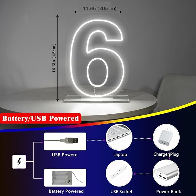 Number 6 Neon Sign for Birthday, 16.54" Cool White USB Battery Powered Led Neon Sign for Party Wedding Anniversary Decor Light Sign (Number 6)