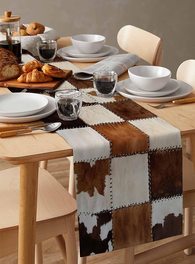 Abstract Cowhides Cotton Linen Table Runner for Dining Kitchen, Wedding Outdoor Party Tablerunners Decoration, Brown Beige Animal Fur Texture Dresser Scarf Coffee Tablecloth Runners 13x36 Inches