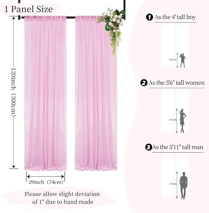 DUOBAO Pink Chiffon Backdrop Curtain-2 Panels 29x120-Inch Wedding Draping Beach Curtains for Living Room Polyester Voile Window Darpes Photography Backdrops for Party Ceremony (29''x120''x2pc)