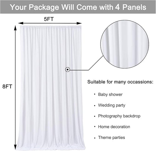 20 ft x 8 ft White Backdrop Curtain Drapes for Wedding Parties, 4 Panels 5 ft x 8 ft Wrinkle Free Polyester Photo Drapes for Birthday Party Baby Shower Backdrop Stand