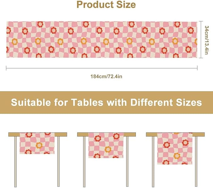 Vintage Floral Table Runner,60s Retro Color Funky Hippie Print Table Cloth Kitchen Dining Table Home Party Decoration 13x90 Inch