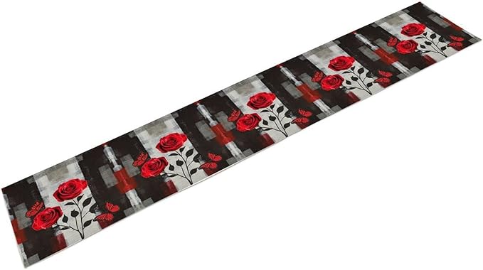 Abstract Art Rose Table Runner, Red Roses Floral Butterfly Black Red Grey Ink Background Pattern Kitchen Dinning Table Runner for Indoor Outdoor Home Wedding Party Holiday, 13x60 Inch