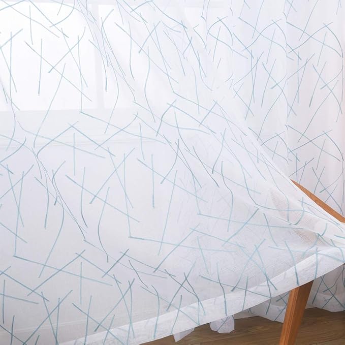 MYSTIC-HOME Sheer Blue Curtains 95 Inches Embroidered Branch Patterned Semi Window Treatments Rod Pocket Voile Curtain Panels for Living Room, Bedroom, Yard, Patio, Villa, Parlor, Set of 2, 52"x95".