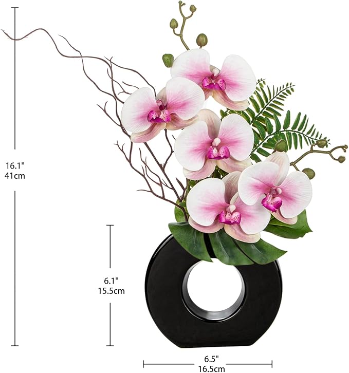 Briful Pink Orchid Fake Flowers with Vase, 16.1'' Artificial Orchid Silk Flowers Faux Orchid Arrangement for Home Office Dining Room Table Centerpiece Modern Decoration