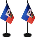 Haiti Haitian Deluxe Desk Flag Set Small Mini Miniature Haiti Haitian Table Desktop Flags With Solid Pole, Black Base and Spear Top(2 Pack)