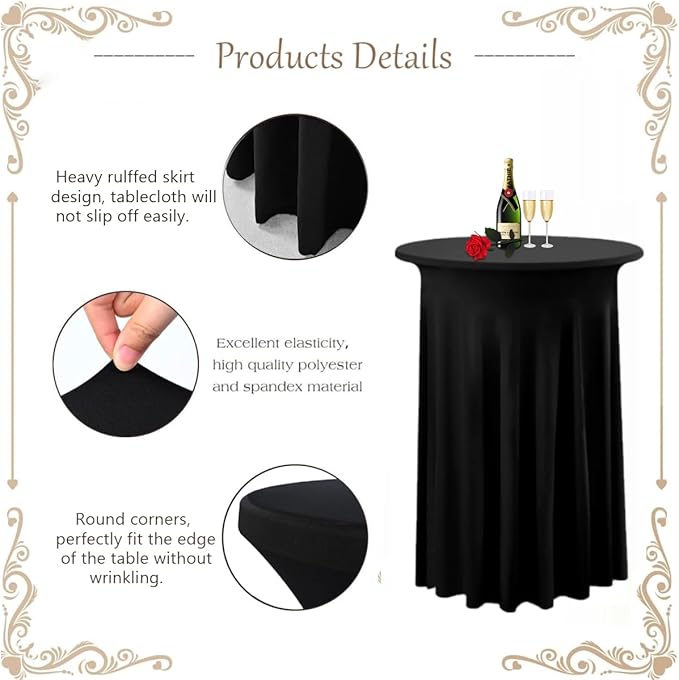 Albassa 4 Pack Cocktail Table Covers 32"x 43" Spandex Stretch Round Cocktail Tablecloths with Wavy Drapes Fitted High Top Bar Table Skirt for Wedding Party Banquet (Black, 4 PCS)
