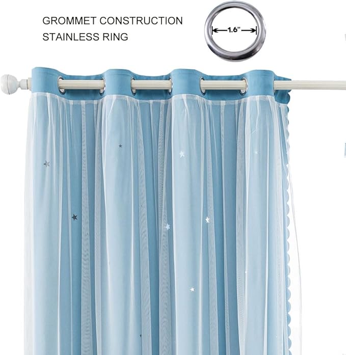 FANLI 2 Panels Star Blackout Curtains for Kid Girls Bedroom Living Room Darking Stripe Double Layer Star Cut Out Wall Home Decor Gradient Grommet Window Curtains (Blue 63L)