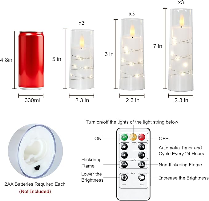 Raycare Flameless Candle with Remote Timer – 9 Flickering Acrylic Battery Operated LED Pillar Candles with Embedded Star String for Halloween, Home Decor, and as a Gift (White)