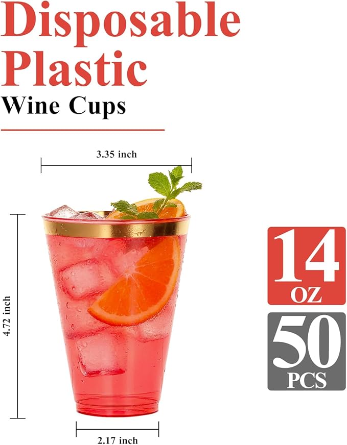 Goodluck 50PCS 14oz Red and Gold Plastic Cups for Party, Disposable Gold Rim Cups, Plastic Cocktail Glasses for Wedding Thanksgiving, Christmas, and Parties