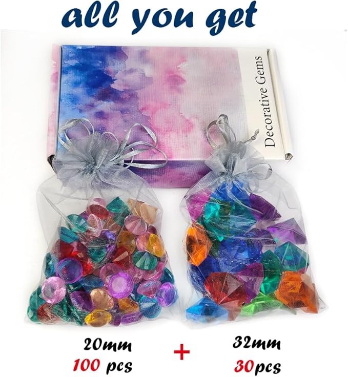HappyFiller 130 PCS Acrylic Diamonds Fake Crystal Gems 2 Size Mixed for Swimming Pool Pirate Treasure Box Hunt Jewels,also Wedding Party Decor Table Scatters,Colored Vase Fillers