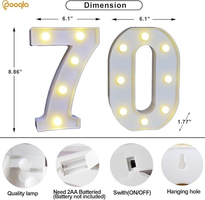Pooqla Decorative LED Light Up Number Letters, White Plastic Marquee Number Lights Sign for 70th Birthday Party Wedding Decor, Battery Operated (70)