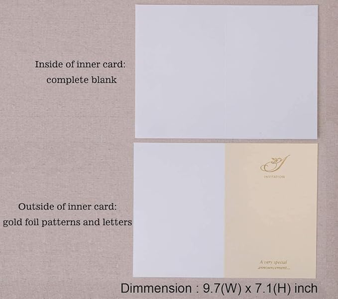 Hosmsua 5.12x7.2 50PCS Blank Wedding Invitations Kit Laser Cut light Gold Hollow Foil Flora Lace Sleeve Pocket with Envelopes for Quinceanera Wedding Invitation