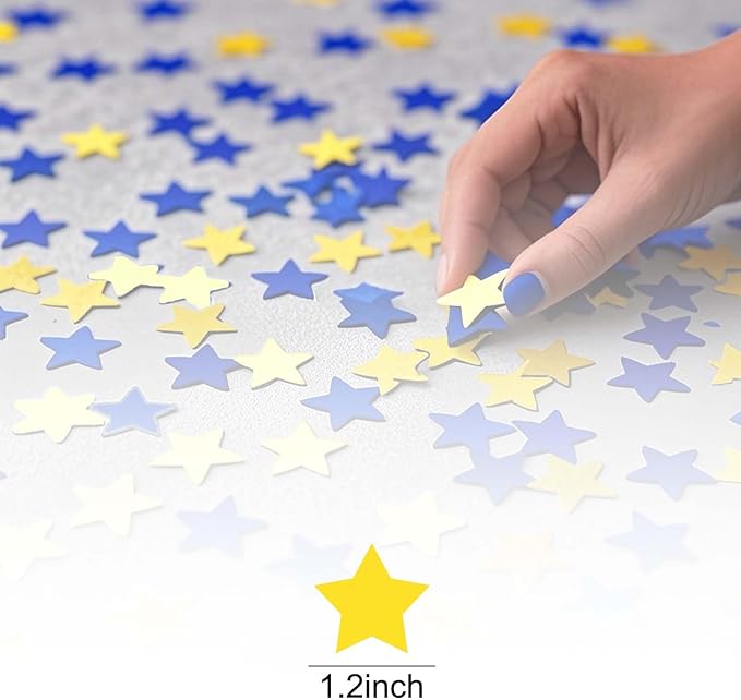 Blue Yellow and Gold Glitter Star Confetti for Party and Tables Decoration,Eid Ramadan Festival Theme Retirement Baby Shower Birthday Wedding Graduation Party,1.2inch in Diameter,200pc
