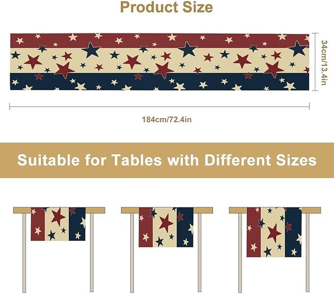Memorial Day Table Runner, 4th of July American Patriotic Independence Day Stars Stripes Print Table Runne for Summer Holiday USA Home Decoration Party,13x120inch