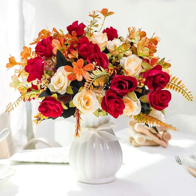 LESING Artificial Fake Flowers with Vase Silk Artificial Roses Wedding Flowers Bouquets Home Office Party Meeting Room Decoration (Red-1)