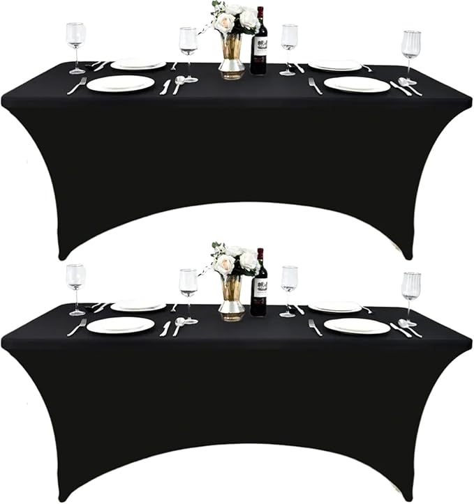 2-Pack 8ft Black Spandex Table Covers for Rectangle Folding Tables - Washable Elastic Tablecloth - Ultimate Fitted Table Protector for Birthday Parties, Trade Shows, Banquet