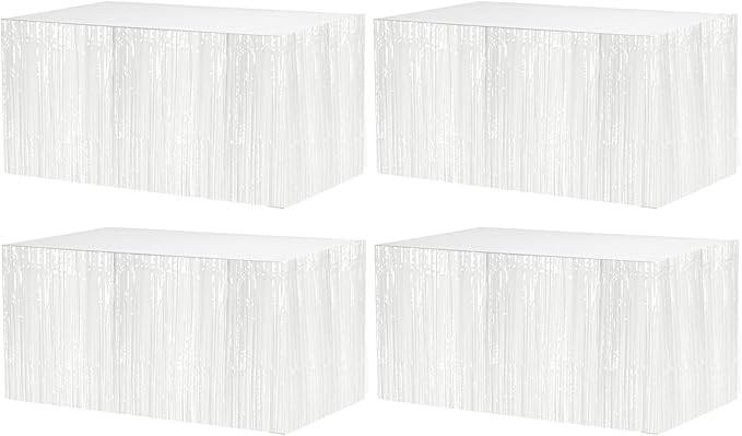 4 Pack 29x108 Inch Metallic Foil Fringe Tinsel Table Skirts for Rectangle Tables Streamer Curtains Backdrop for Wedding, Birthday, Parade Floats, Christmas, Halloween Party Decoration(White)