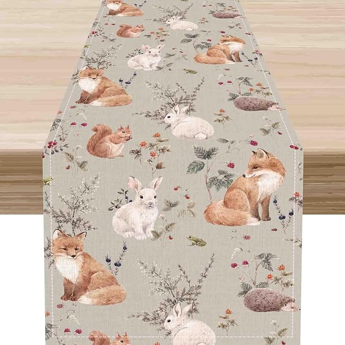Rustic Woodland Table Runner, Farmhouse Forest Animals Country Lodge Wild Hunt Deer Rabbits Table Center Decor for Home Kitchen Dining Patio Holiday Party Indoor Table Decorations, 13"x108" Inch