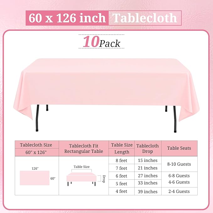 10 Pack Pink Tablecloths for 8ft Rectangle Tables 60 x 126 Inch - Polyester Table Cover Stain and Wrinkle Resistant Washable Fabric Table Clothes for Wedding Party Banquet Reception Restaurant