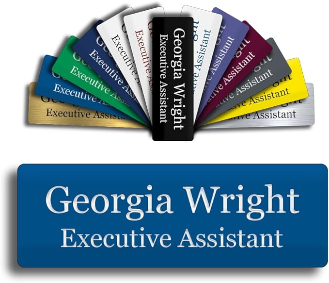 Custom Engraved Name Tag 1" x 3" Personalized Badge Magnetic or Pin Backing Made in The USA by Gem Awards (Blue)