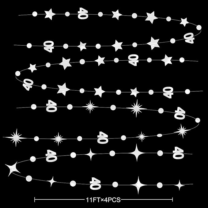 Silver 40th Birthday Decorations Number 40 Circle Dot Twinkle Star Garland Metallic Streamer Banner Backdrop for Women Mens Cheers to 40 Years 40 and Fabulous Happy 40th Anniversary Party Supplies