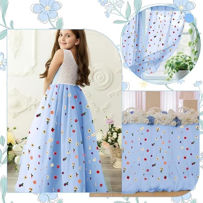 6PCS Blue Floral Table Runner 10 FT, Embroidery Daisy Table Runners Seasonal Sheer Tulle Table Runner for Thanksgiving Wedding Birthday Baby Shower Party ﻿