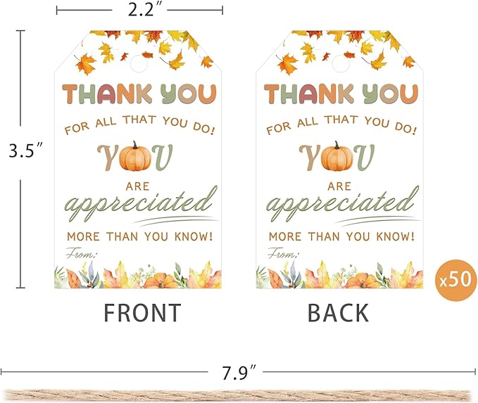 50pcs Thanksgiving Thank You Gift Tags, Friendsgiving Favor Tags with String for Teacher Staff Appreciation Favors Decoration (Appreciation)