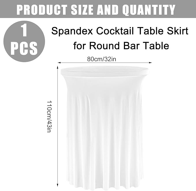 Fivenl Spandex Cocktail Table Skirt 32"x 43" White Stretch Cocktail Table Cover, Washable Round High Top Tablecloth for Bar, Wedding, Party, Events (White)