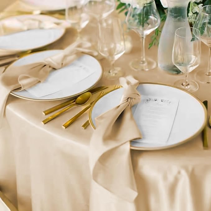 12 Pack 120 Inch Champagne Satin Tablecloth - Premium Bright Silky Round Tablecloth Overlay Smooth Fabric Table Cover, Table Decoration for Wedding Party Banquet Events Restaurant Kitchen Dining