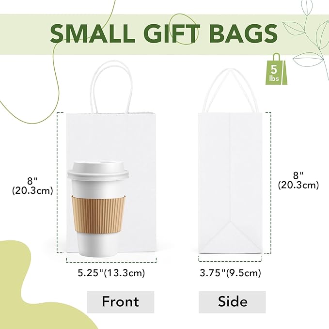 MESHA Kraft Gift Bags 200 Pack 5.25x3.75x8 Inch Small White Paper Bags with Handles Bulk for Small Business,Birthday,Party,Wedding,Retial,Shopping Bag