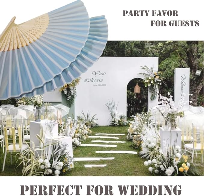 Personalized Engraved Light Blue Fans, Folding Hand Fans 70 Pcs, Wedding Party Favors, Custom Silk-Bamboo Fans