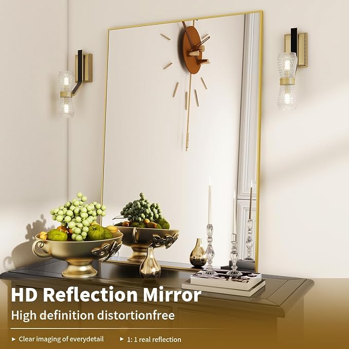BEAUTYPEAK Wall Mirror 26" x 38" Rectangle Mirror with Aluminum Alloy Frame Hanging Mirror, Gold