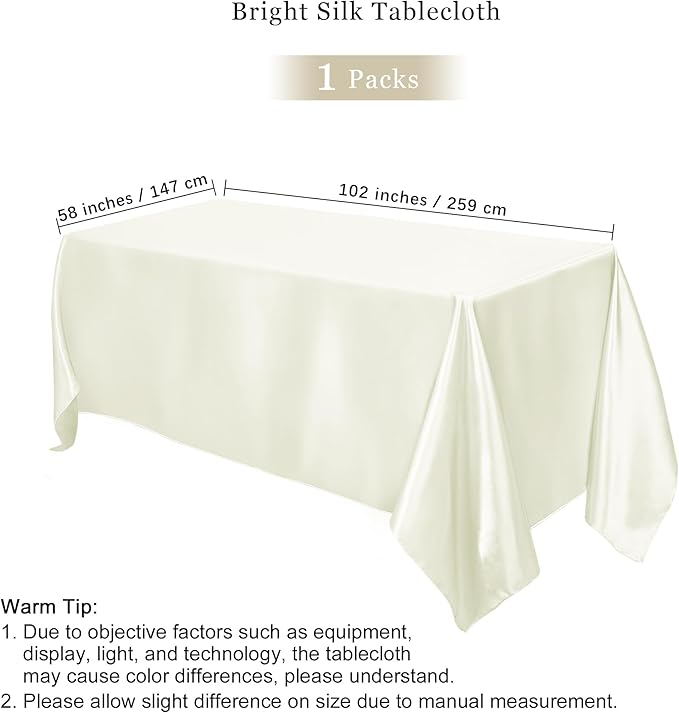 TURSTIN 1 Pack Ivory Satin Tablecloth 102 x 58 Inch Overlay Satin Table Cover Rectangle Bright Silk Tablecloth Smooth Fabric Table Decoration for Wedding Banquet Party Events