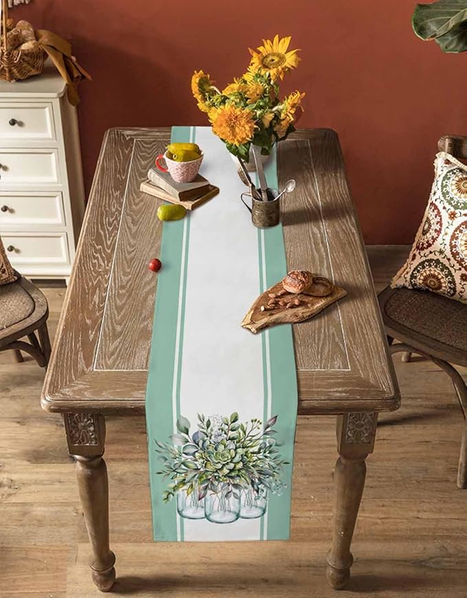 Eucalyptus Cotton Linen Table Runner for Dining Kitchen, Wedding Outdoor Party Tablerunners Decoration, Green Leaves Botanical Plants Watercolor Dresser Scarf Coffee Tablecloth Runners 13x108 Inches