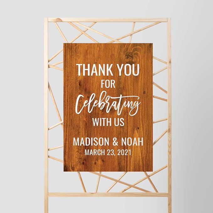 Andaz Press Personalized Extra Large Wedding Easel Board Party Sign, 12x18-inch, Rustic Barn Wood, Thank You for Celebrating With Us Bride Groom Name Date, 1-Pack, Custom