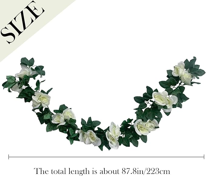 2 Pack Artificial Rose Vine Garland Fake Roses Flowers Plants Vines Hanging Floral Leaves Decoration for Wedding Party Table Garden Arch Wall Home Room Decor(White)