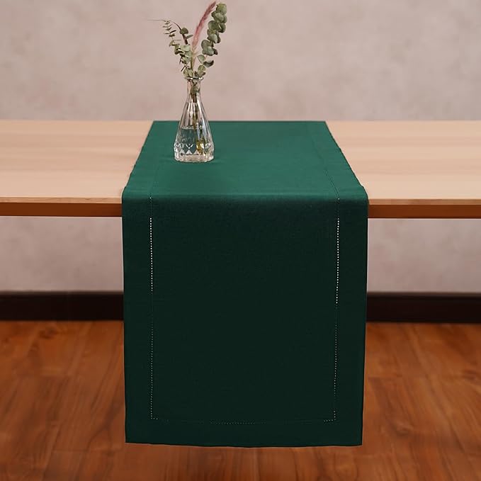 Green Table Runner 120 Inch – Cotton Linen Hemstitch Farmhouse Table Runner 14x120 – Washable Fabric for Dining Table, Spring, Summer, Wedding, Christmas, Everyday Décor – Serena