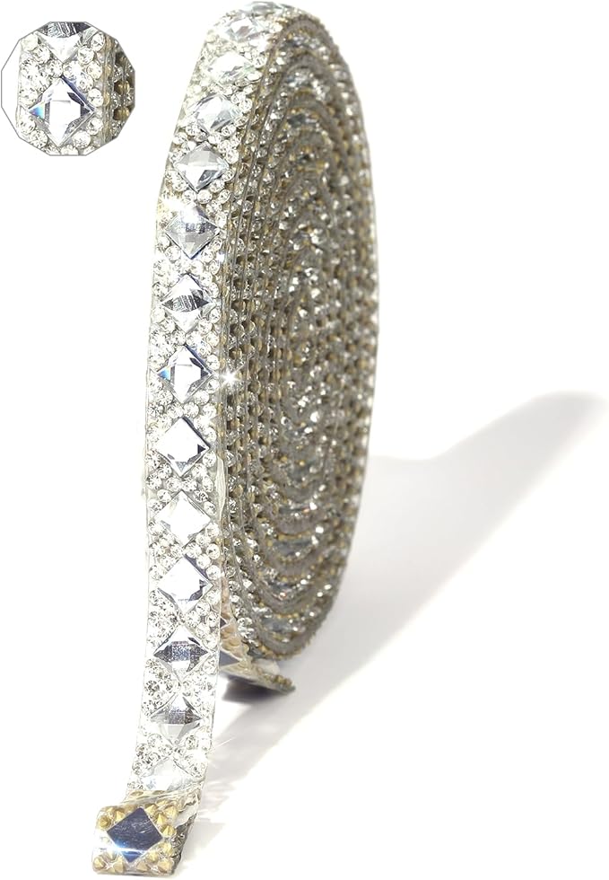 Rhinestone Ribbon 3 Yards Self Adhesive Rhinestone Strips Diamond Ribbon Sticker Crystal Roll Glitter Bling Rhinestones Tape for Crafting DIY Art Decoration (Clear,0.4 Inch)