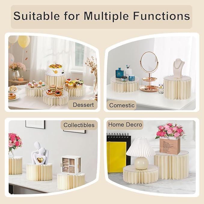 Albassa 4 PCS Buffet Risers Food Risers for Buffet Table Foldable Cardboard Food Display Stands with PVC Plates for Party Wedding Show Catering Desserts Jewelry (White, 4 PCS)