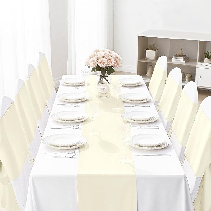 SHEJIZE 10 Pack White Satin Table Runner 12x108 Inches Long, Bright Silky Smooth Satin Table Runner Table Decor for Wedding Banquet Christmas Prom Event Birthday Party