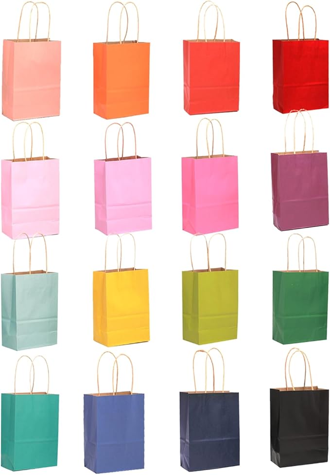 qiqee 200Pcs Paper Gift Bags with Handles - 4.5"×2.5"×6" Mini Party Favor Bags Multiple Uses - 16 Solid Colors