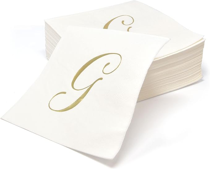 Gift Boutique 100 Gold Monogram Cocktail Napkins Letter G Disposable Paper Pack Elegant Metallic Golden Foil Hand Napkin for Powder Room Wedding Holiday Birthday Party Baby Shower Decorative Towels